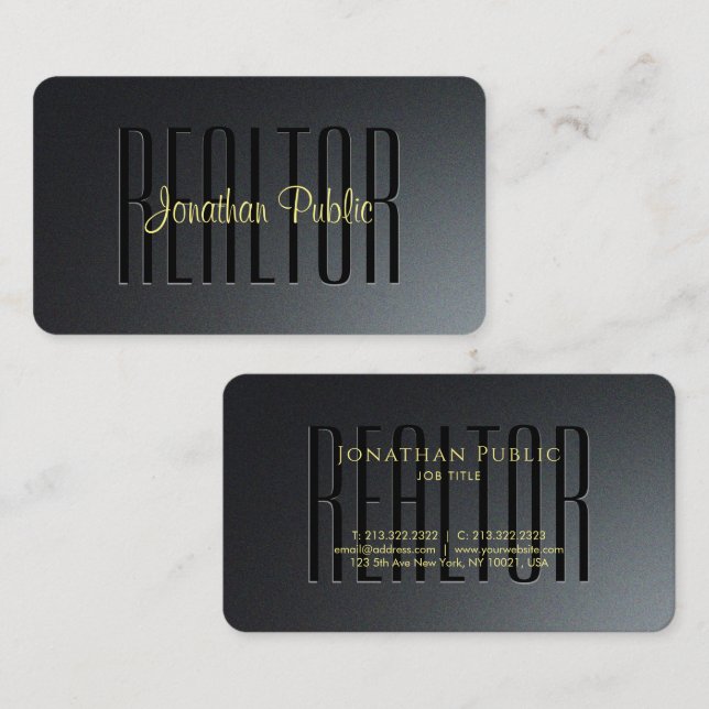 Gold Typography Script Black & Grey Realtor Business Card (Front/Back)