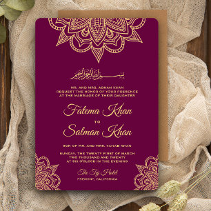 Gold Tyrian Purple Henna Mehndi Islamic Wedding Invitation