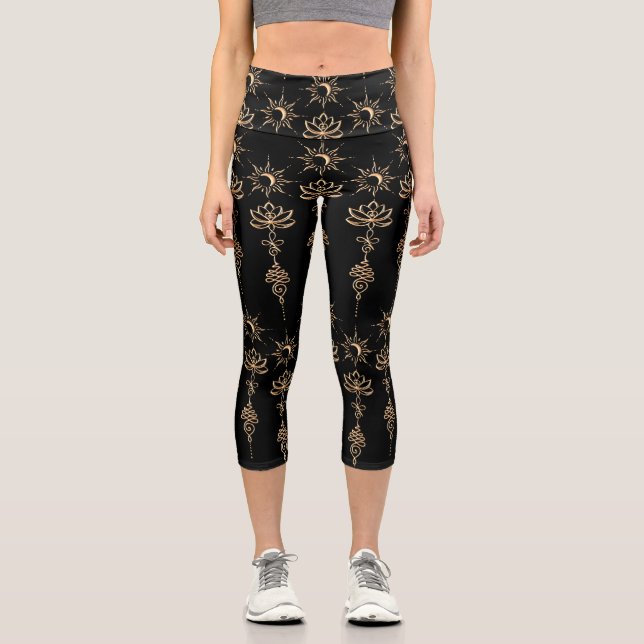 Gold Unalome Group Scattered Black Background Capri Leggings (Front)