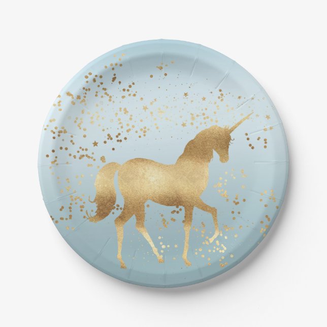 Gold Unicorn Aqua Ombre Birthday Paper Plate (Front)