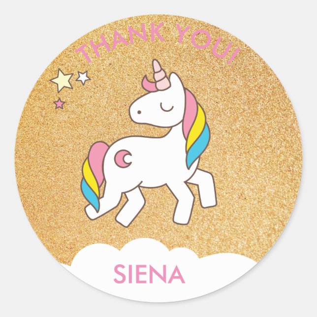 Gold Unicorn Birthday Party Thank You Classic Round Sticker (Front)