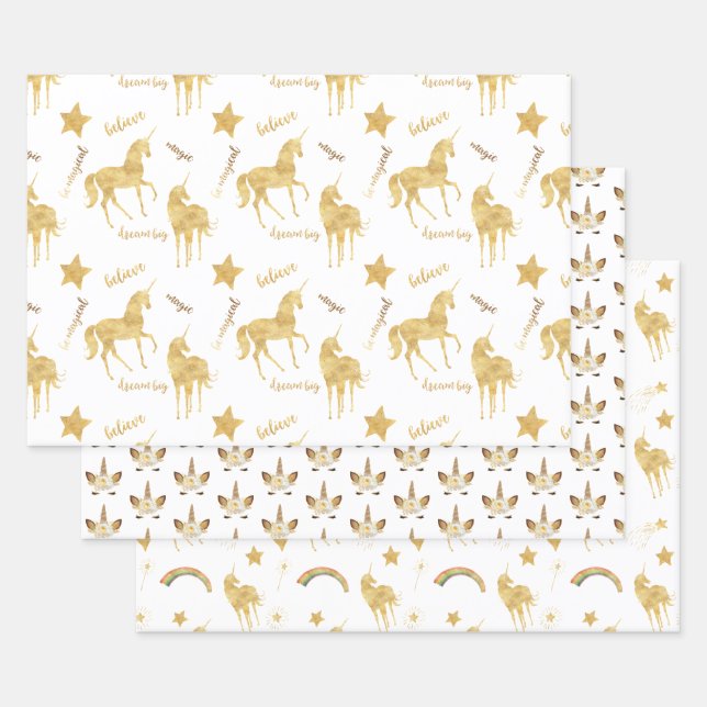 Gold Unicorn Birthday Wrapping Paper Sheet (Set)