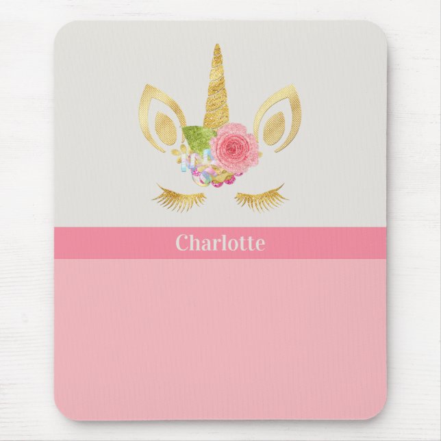 Gold Unicorn Peach Pink Trim Personalised Mouse Pad (Front)
