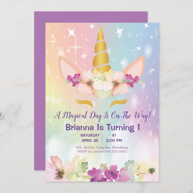 Gold Unicorn Rainbow 1st Birthday Invitation (Front/Back)