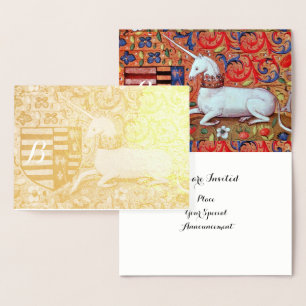 GOLD UNICORN RED BLUE FLORAL WEDDING MONOGRAM FOIL CARD