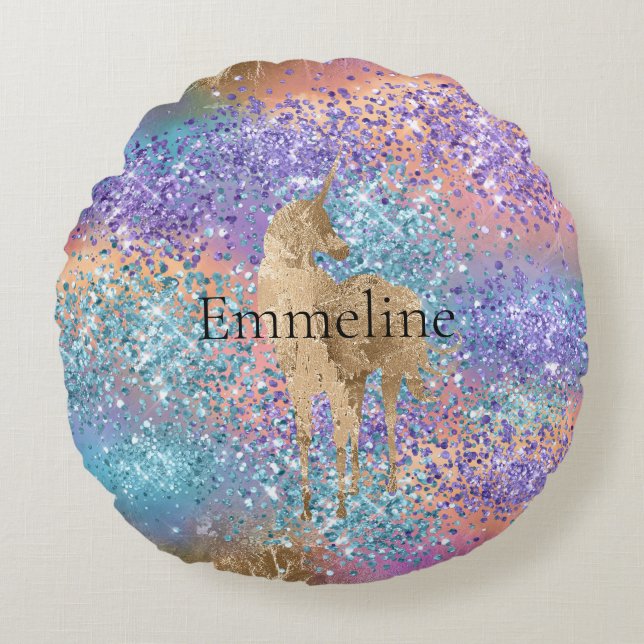 Gold Unicorn Sparkle Purple Aqua Pink Glitter Name Round Cushion (Front)