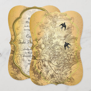 Gold Urn Vintage Birds Wedding Invitation