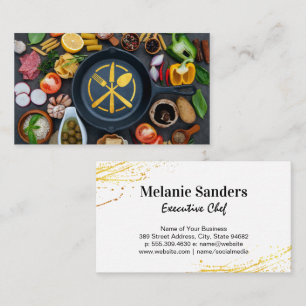 Gold Utensil Logo Skillet and Food Business Card