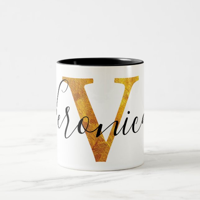 Gold 'V' Monogram w/ Personalised Name Two-Tone Coffee Mug (Center)