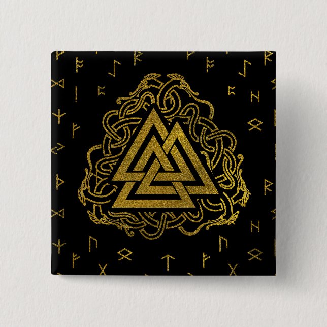 Gold Valknut Symbol on Runes Pattern 15 Cm Square Badge (Front)