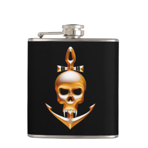 Gold Vampire and Anchor  Skull Hip Flask