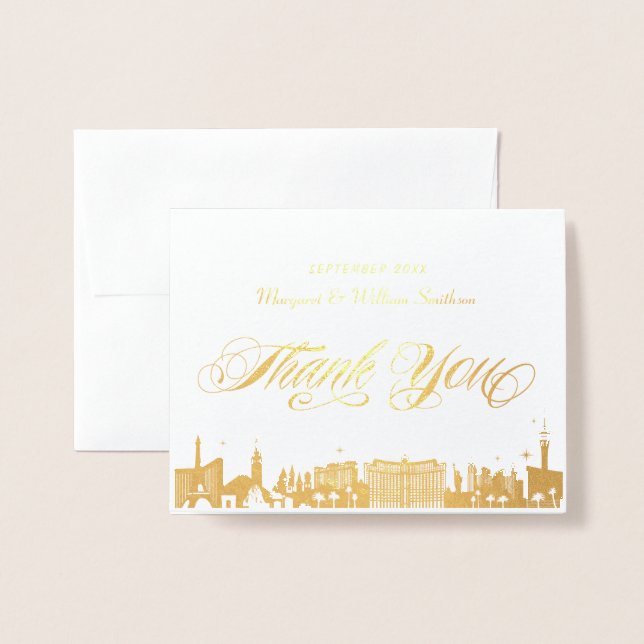 Gold Vegas Strip Skyline Las Vegas Thank You Foil Card (Front With Envelope)