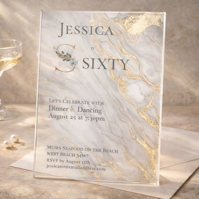 Gold Vein Marble Floral Monogram 60th Birthday  Acrylic Invitations (Creator Uploaded)