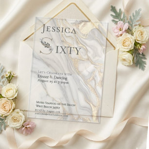 Gold Vein Marble Floral Monogram 60th Birthday  Acrylic Invitations