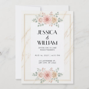 Gold Vein Marble Pink Rose Watercolor Invitation