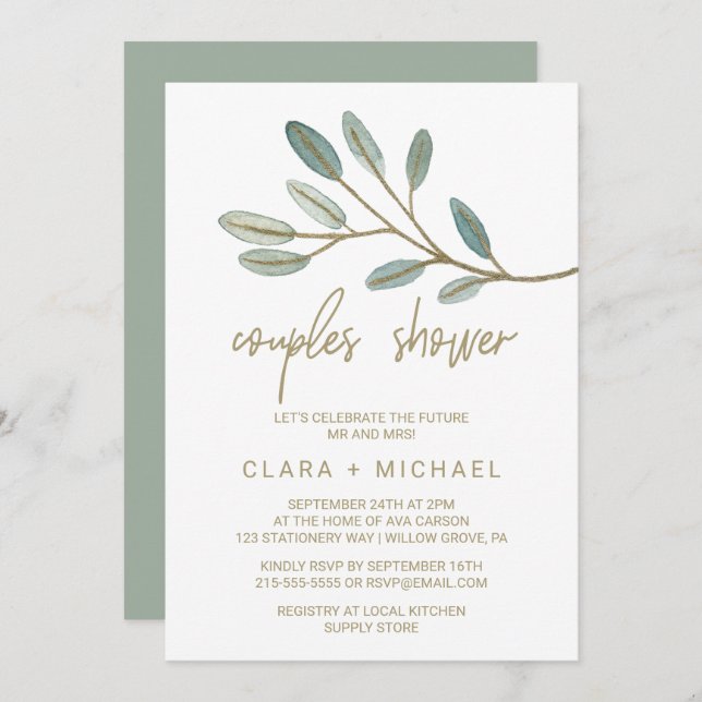 Gold Veined Eucalyptus Couples Shower Invitation (Front/Back)