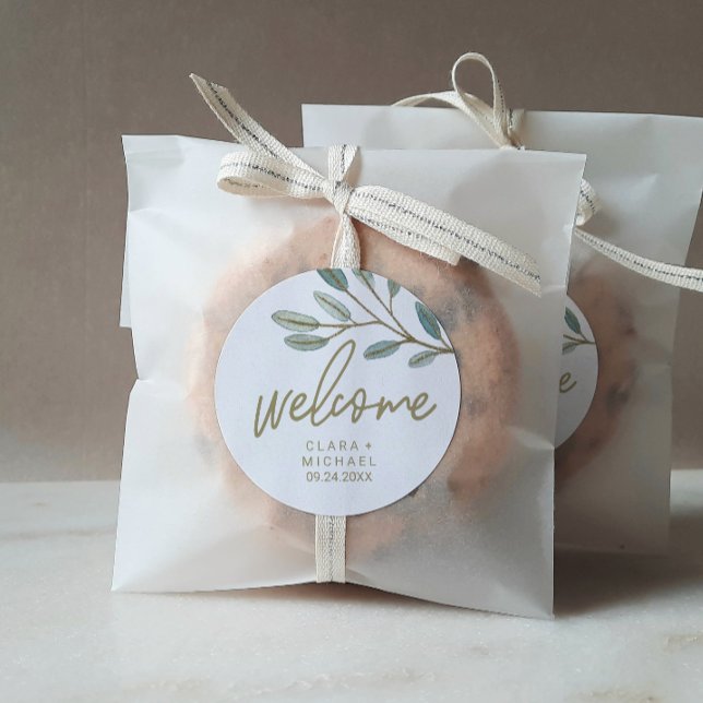 Gold Veined Eucalyptus Welcome Wedding Classic Round Sticker (Creator Uploaded)