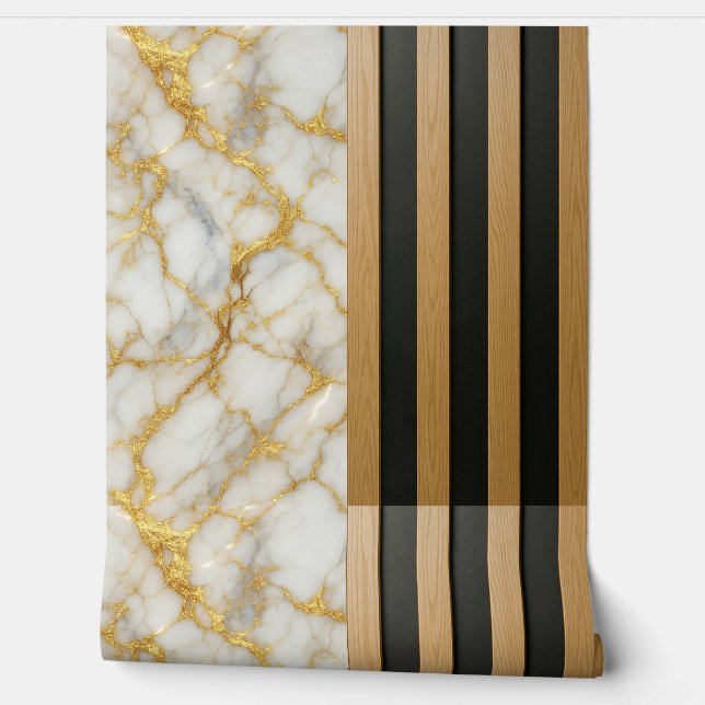 Gold Veined Marble Wood Slats  Wallpaper (Unrolling)