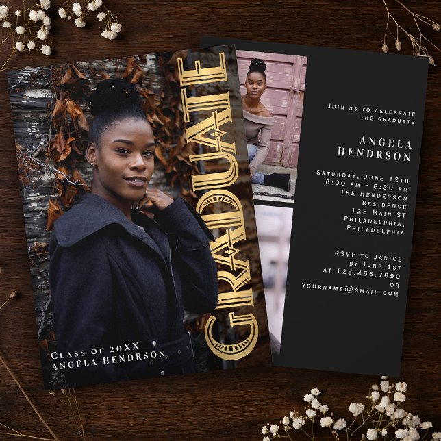 Gold Vertical Art Deco Photo Graduation Party  Invitation (Creator Uploaded)