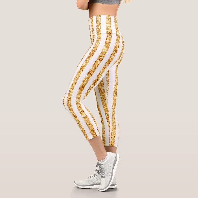 Gold Vertical Glitter Boho Stripes Collection Capri Leggings (Left)