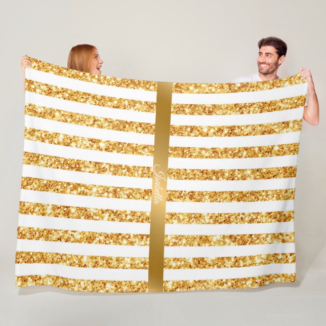 Gold Vertical Glitter Boho Stripes Collection Fleece Blanket (In Situ)