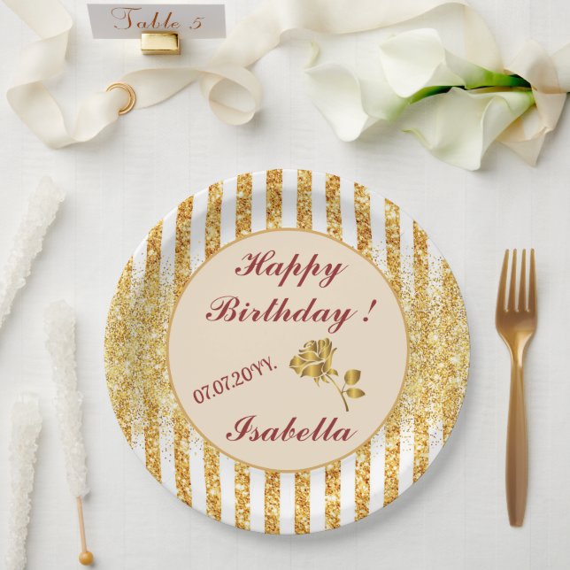 Gold Vertical Glitter Boho Stripes Collection Paper Plate (Wedding)