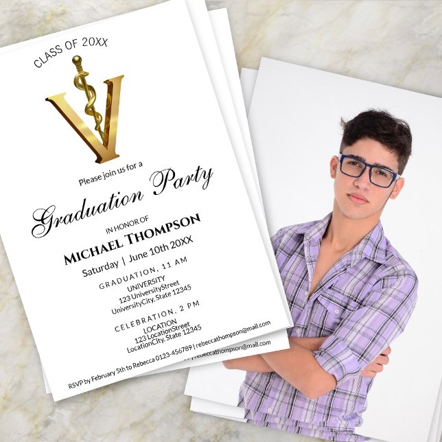 Gold Veterinary Caduceus Graduation Party | Photo Invitation (Creator Uploaded)