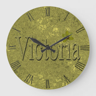 Gold Victoria Name Made With Golden Orchids, Large Clock