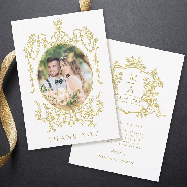Gold Victorian Floral Frame Wedding Photo      Thank You Card (Front & Back)