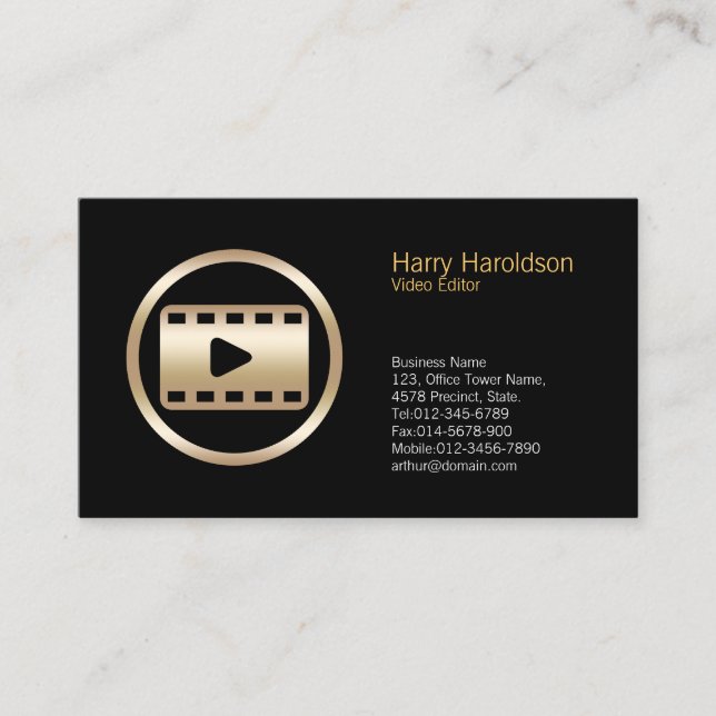Gold Video Strip Icon Video Editor Business Card (Front)