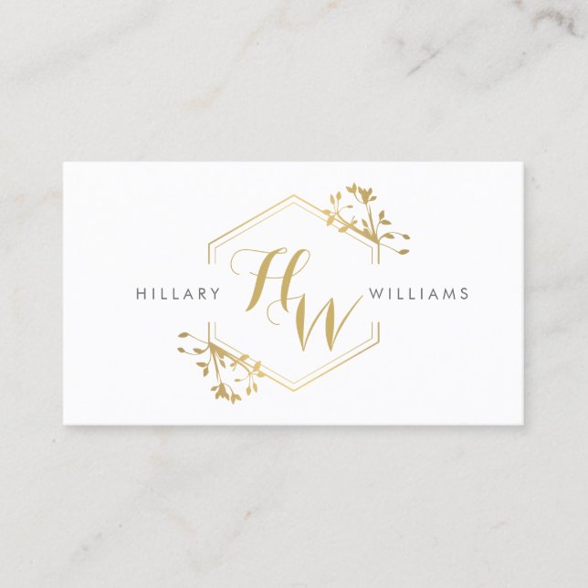Gold Vine and Leaf Monogram Emblem Business Card (Front)