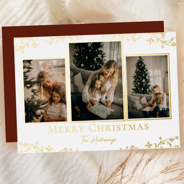 Gold Vines 3 Photo Foil Holiday Card (Creator Uploaded)