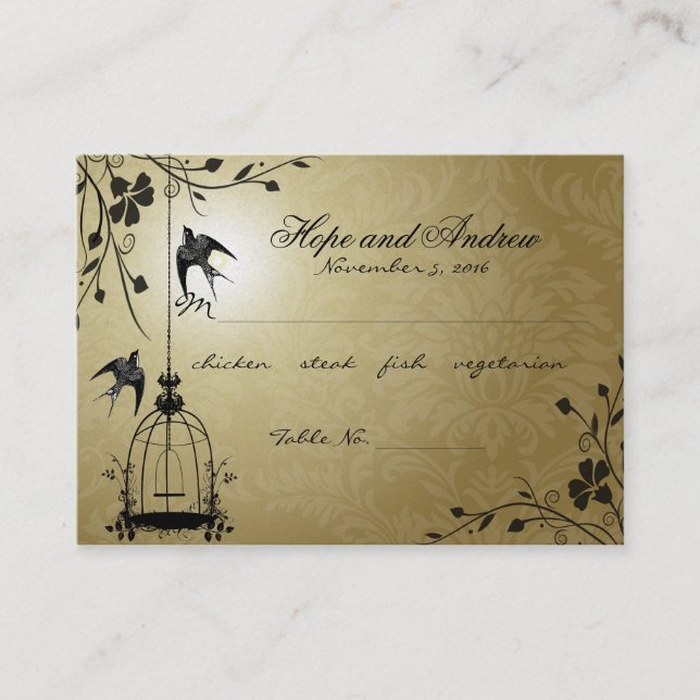 Gold Vintage Bird Cage Place Card Menu Selection (Front)