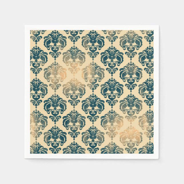 Gold & Vintage Blue Rustic Modern Glam Damask Napkin (Front)