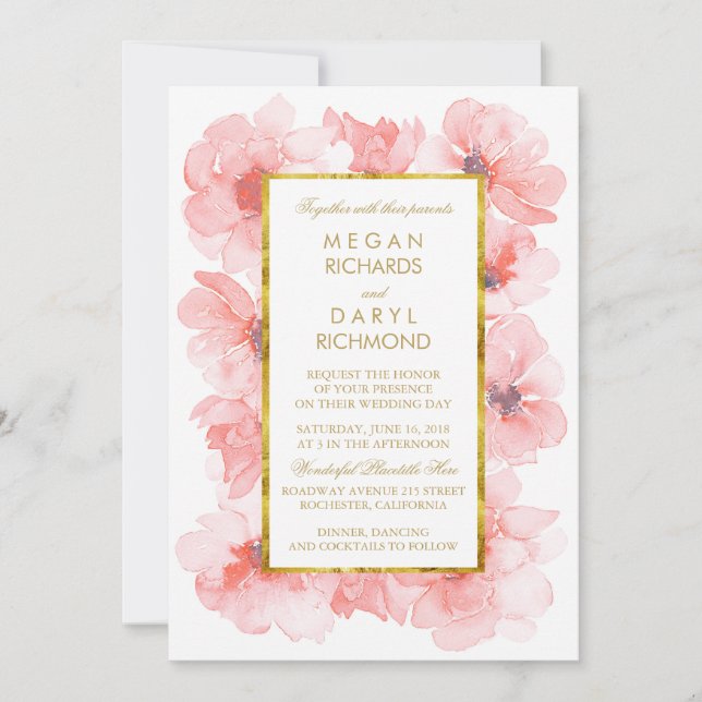 Gold Vintage Blush Floral Wedding Invitation (Front)