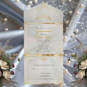 Gold Vintage Border Quinceanera - Green All In One Invitation