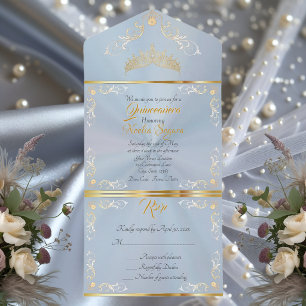 Gold Vintage Border Quinceanera - Pastel Blue All In One Invitation