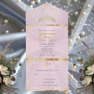 Gold Vintage Border Quinceanera - Pastel Pink All In One Invitation