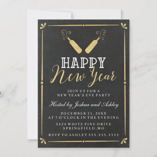Gold Vintage Chalkboard New Year's Eve Party Invitation (Front)
