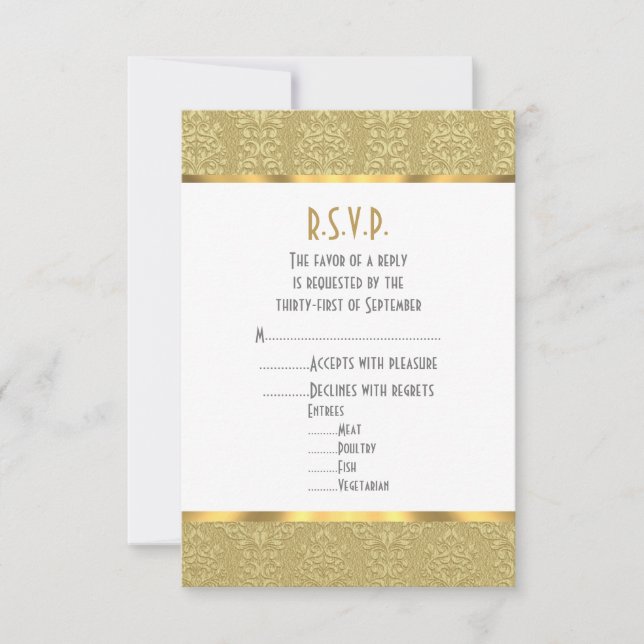 Gold vintage damask wedding RSVP card (Front)