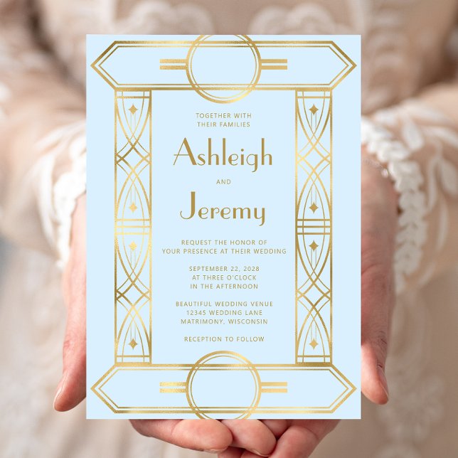 Gold Vintage Deco Frame Baby Blue Wedding Invitation (Creator Uploaded)