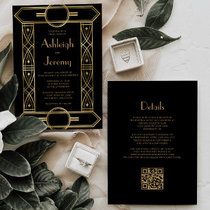 Gold Vintage Deco Frame Black QR Code Wedding Invitation
