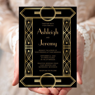 Gold Vintage Deco Frame Black Wedding Invitation