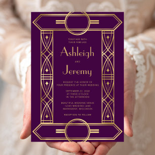 Gold Vintage Deco Frame Purple Wedding Invitation