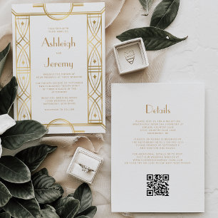 Gold Vintage Deco Frame White QR Code Wedding Invitation