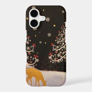 Gold Vintage Deer Family in Snowy Christmas Forest
