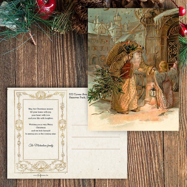 Gold Vintage Father Christmas and Angel Postcard (Creator Uploaded)