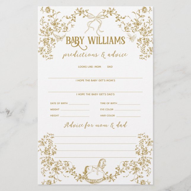 Gold Vintage Floral Baby Prediction Game (Front)