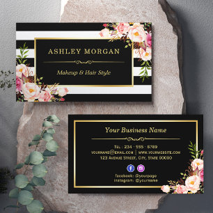 Gold Vintage Floral Black White Stripes Business Card