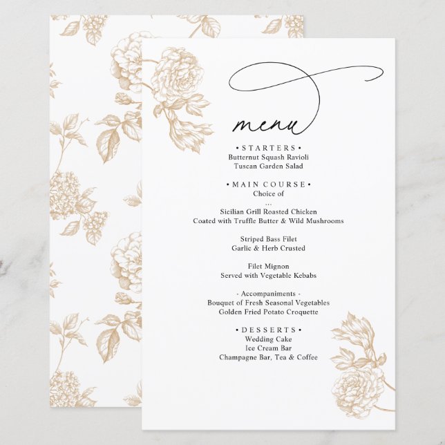 Gold Vintage Floral Modern Script Wedding Menu (Front/Back)